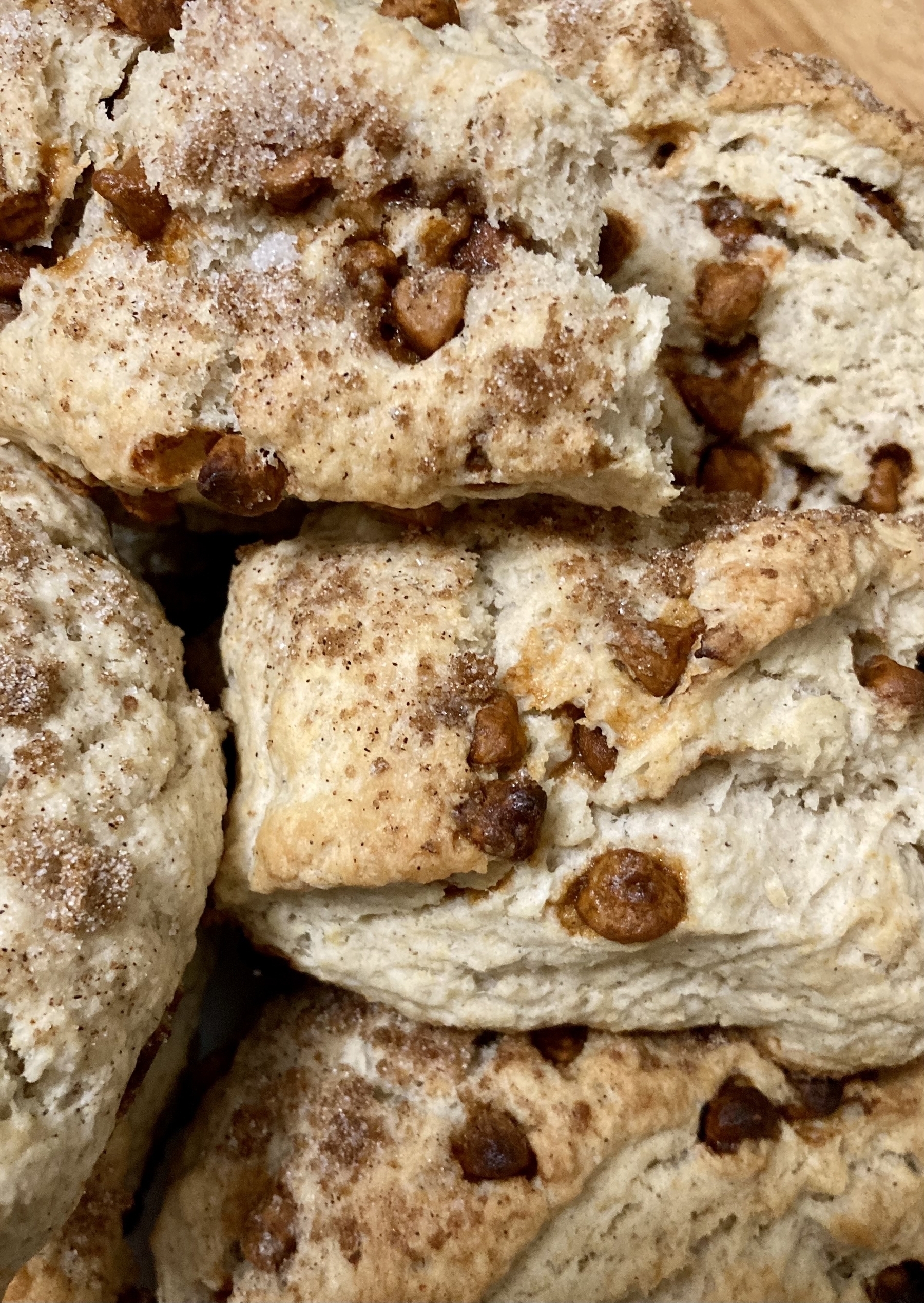 A picture of a stack of cinnamon chip scones, baked by the author 
